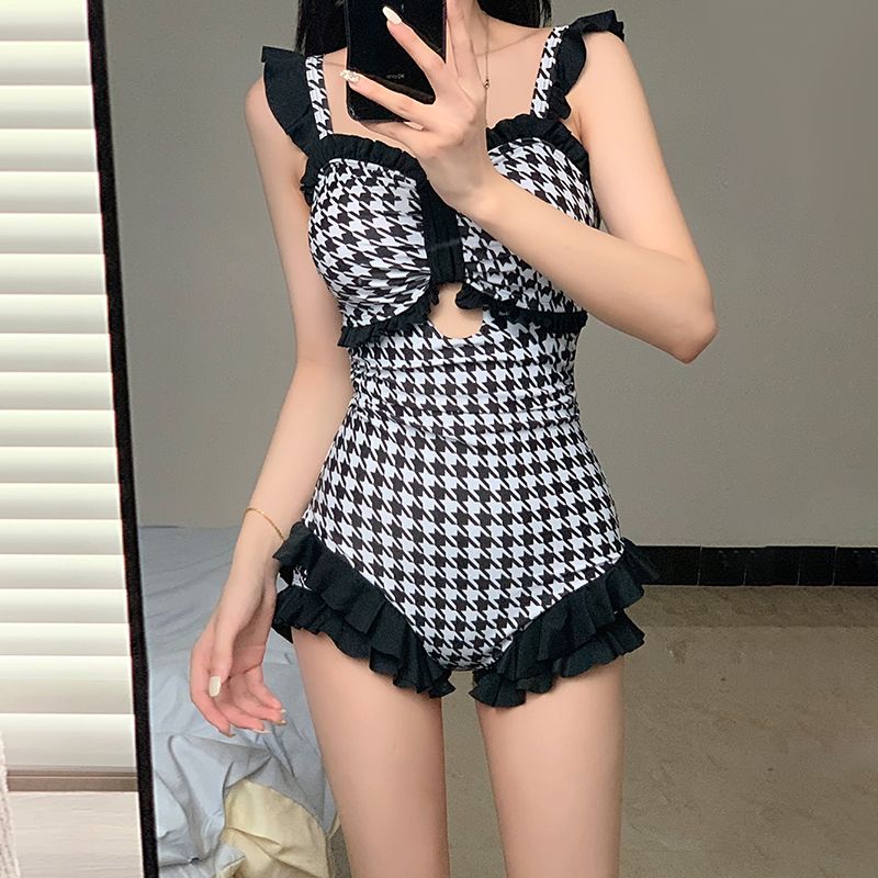 One-piece swimsuit women's  new hot style net red pure desire wind houndstooth cover belly slimming hot spring swimsuit