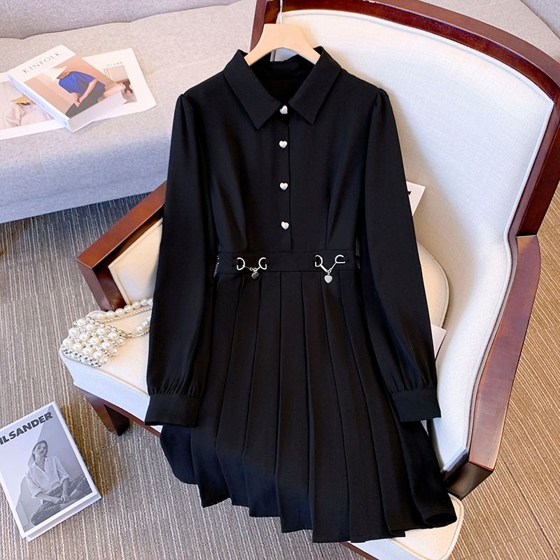 Spring new fat mm large size long-sleeved POLO collar waist slimming black French dress women's clothing 200 catties 300