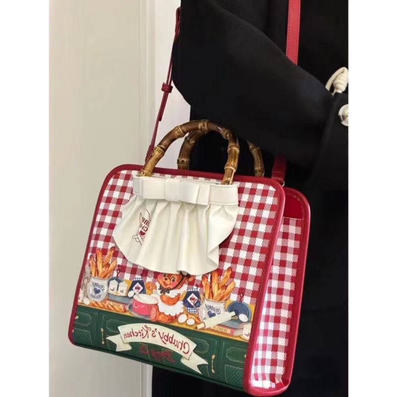 Checkered Little Bear Bag Hanhan Bear Bamboo Joint Bag Checkered Handheld Crossbody Detachable Childhood Fun Tote Bag