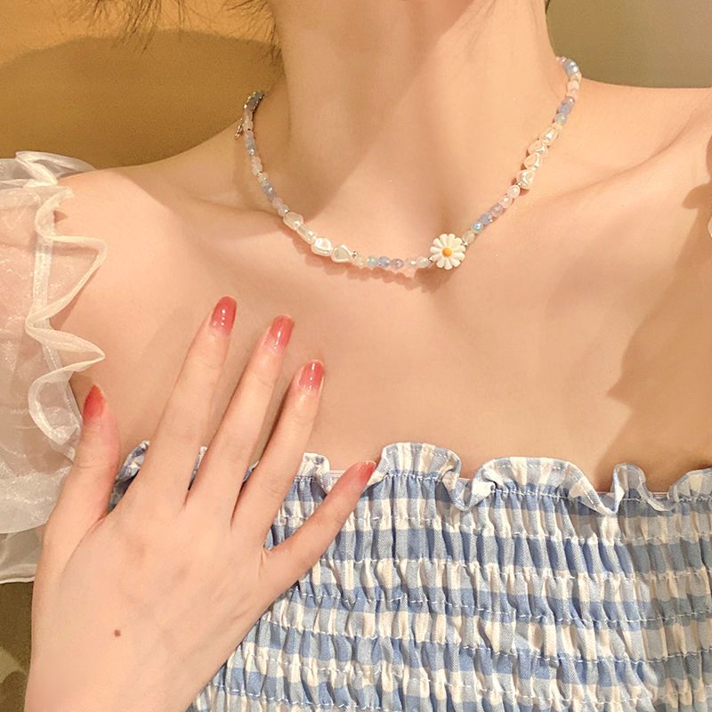 Summer flower beaded necklace women's high-end design sense niche pearl clavicle chain necklace bracelet ins hand jewelry