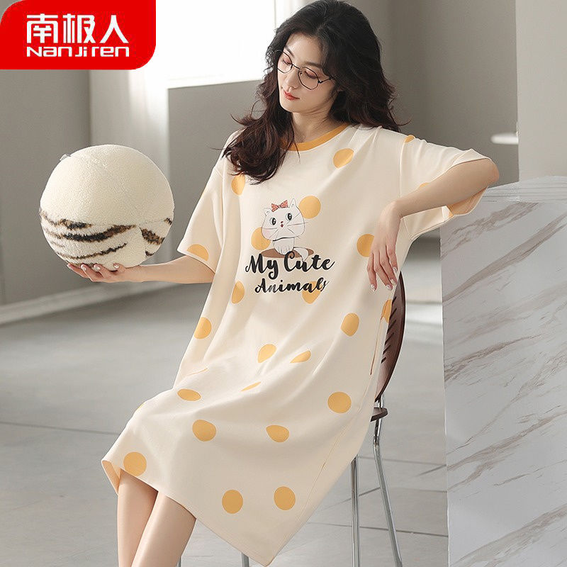 Nanjiren 100% cotton nightdress women's summer short-sleeved new Korean version cute sweet thin section student large size home service