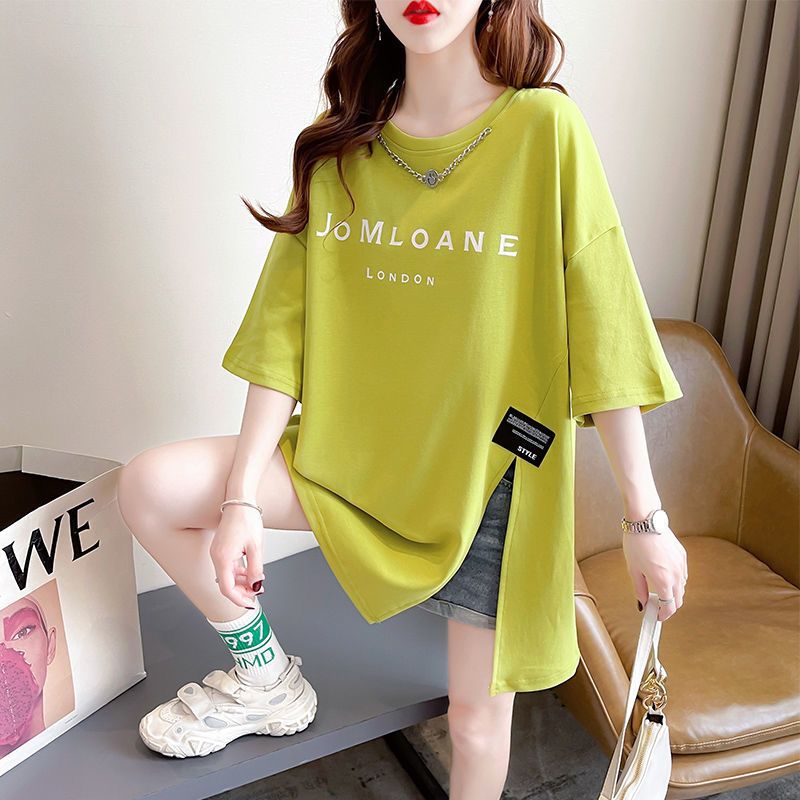 Short-sleeved t-shirt women's summer Korean version loose large size fat mm long section irregular slit top 200 catties 300
