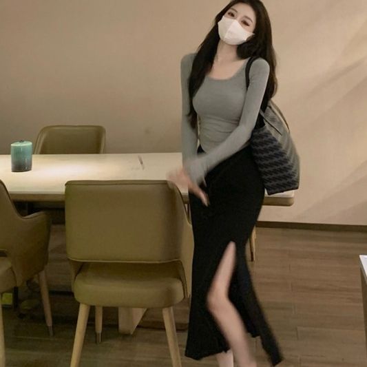 High waist slit fishtail bag hip skirt spring and summer women's curved round neck gray long-sleeved T-shirt top two-piece suit
