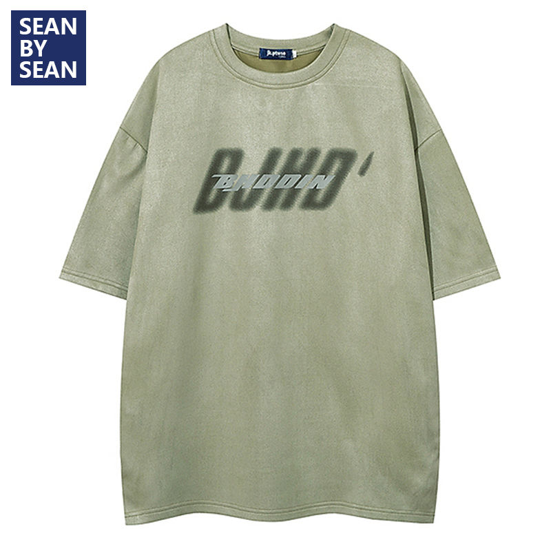 SEANBYSEAN字母塗鴉麂皮絨短袖男潮牌ins寬鬆高街慵懶風情侶T恤女