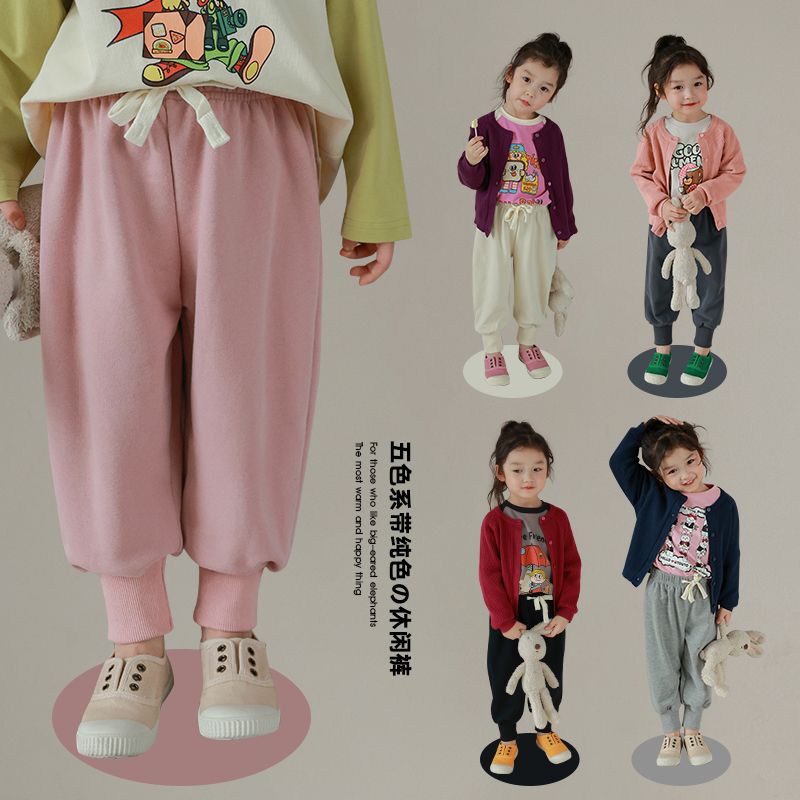 女童系帶純色休閒褲2023春季新款兒童休閒運動褲子中小童百搭衛褲