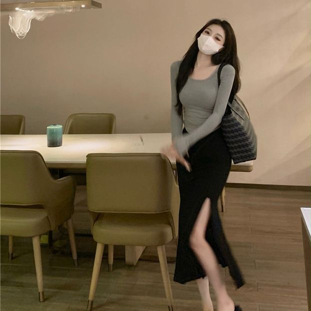 High waist slit fishtail bag hip skirt spring and summer women's curved round neck gray long-sleeved T-shirt top two-piece suit