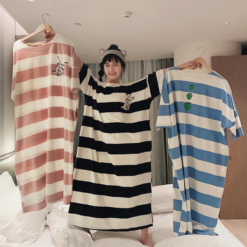 Summer loose large size fat mm 200 catties 300 over the knee long nightdress women Korean version thin striped thin pajamas women