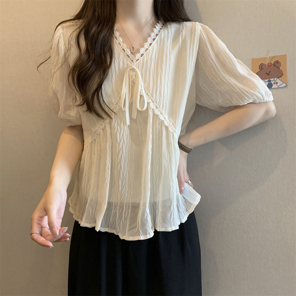 Plus size women's puff sleeve lace V-neck chiffon shirt women's fat MM slim fit belly-covering short-sleeved shirt top