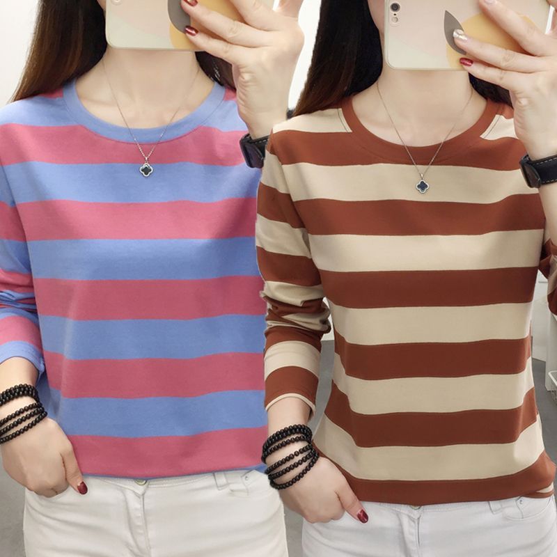 Pure cotton striped t-shirt women's long-sleeved outerwear middle-aged mother tops spring and autumn all-match loose western gas kilt bottoming shirt