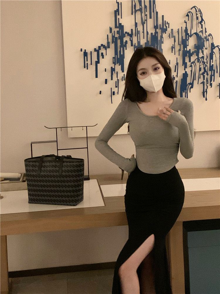 High waist slit fishtail bag hip skirt spring and summer women's curved round neck gray long-sleeved T-shirt top two-piece suit