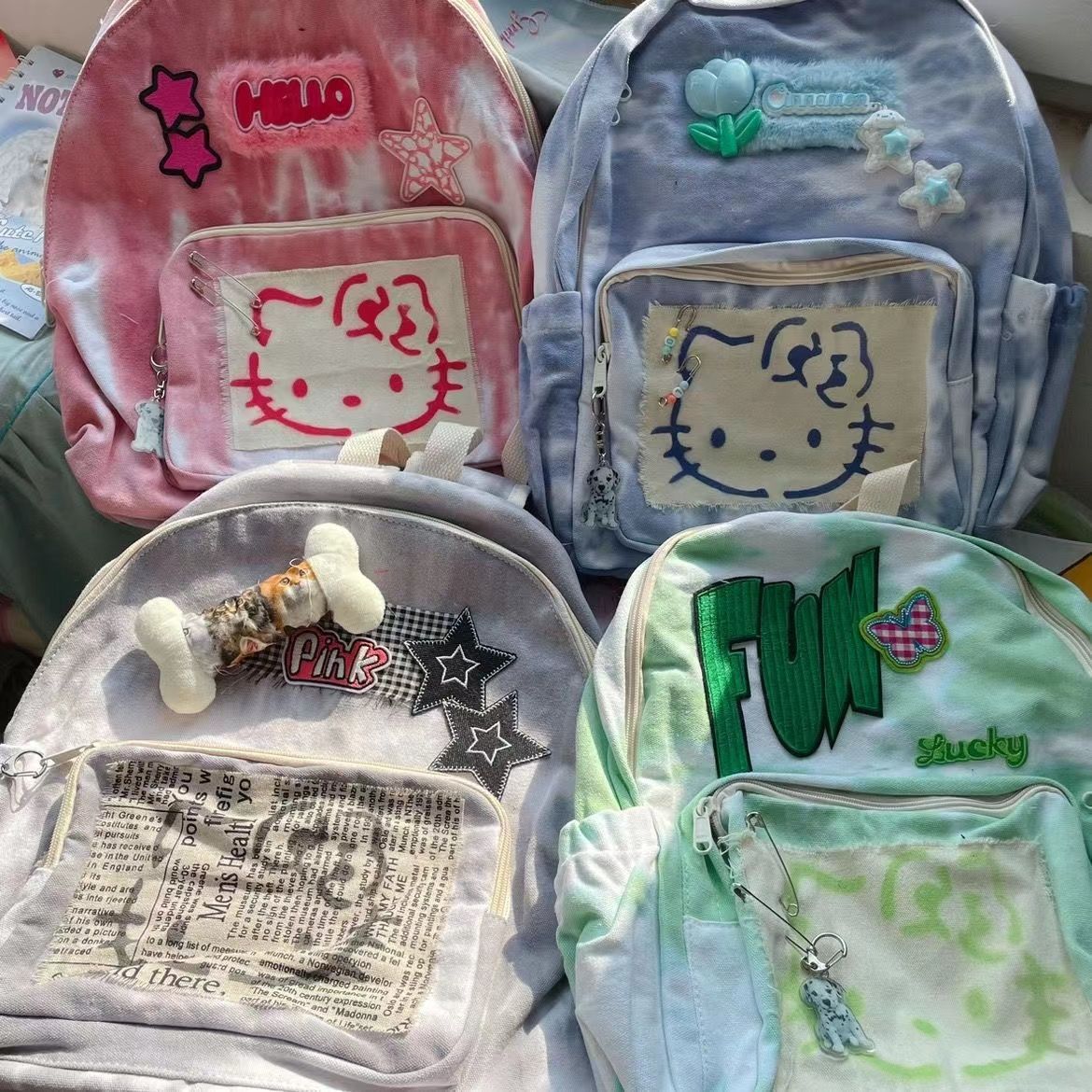 黑櫻醬 原創千禧可愛復古鬼馬少女Kt手工撞色質感學院雙肩書包