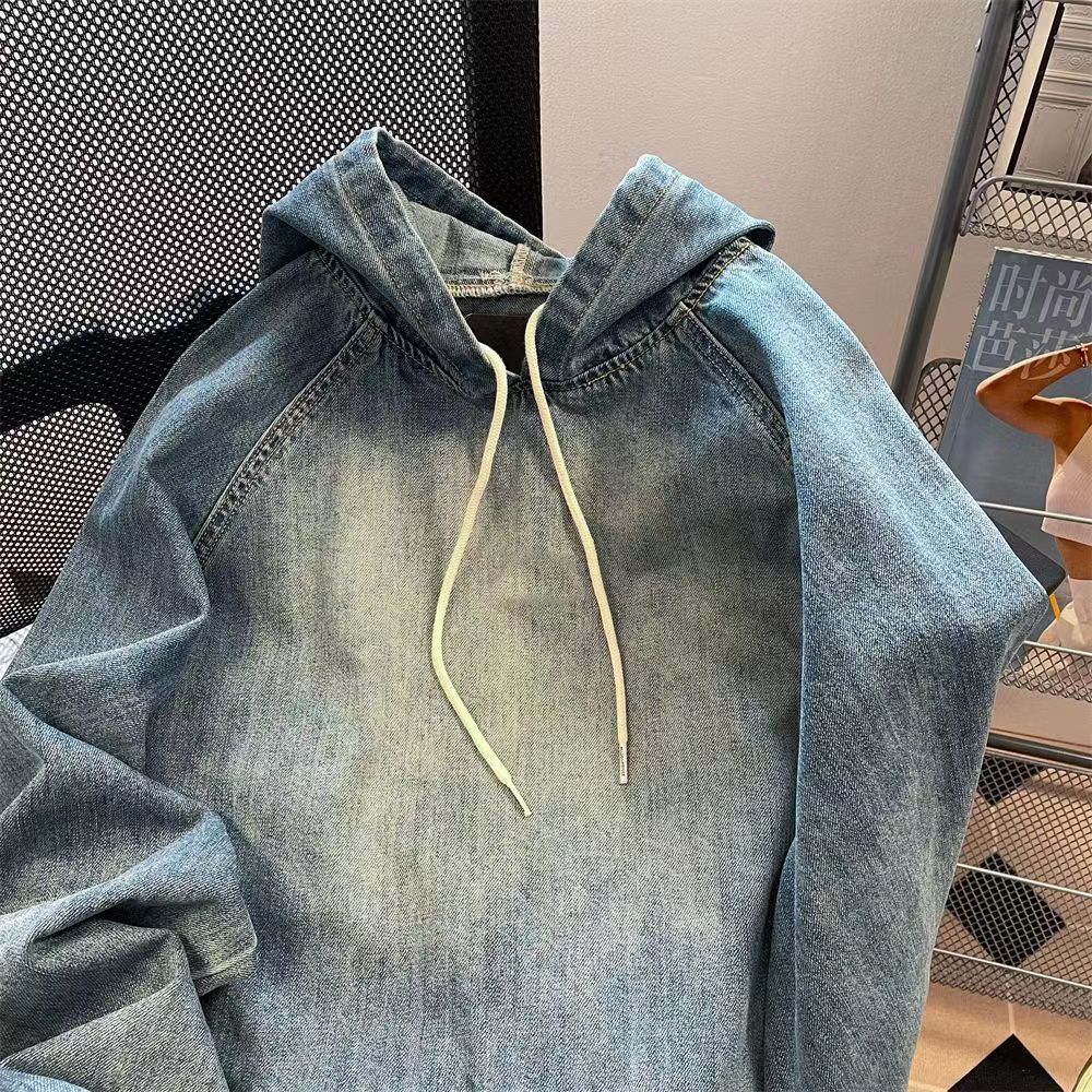 Large size 300 catties couple Hong Kong style hooded denim jacket fat MM loose Korean casual old denim sweater