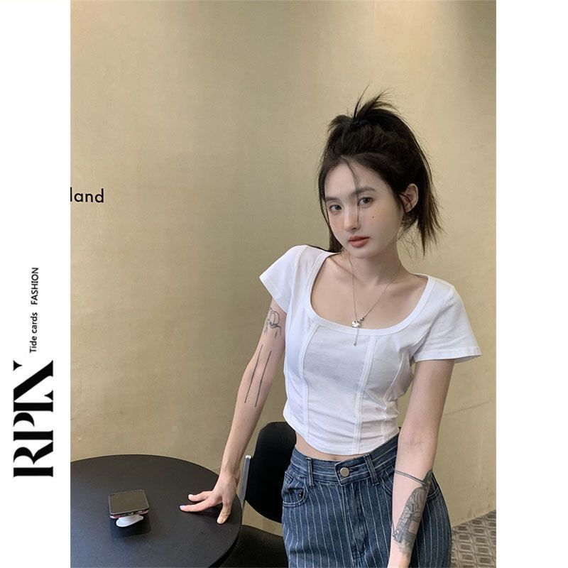Retro summer fish bone ins front shoulder t-shirt square neck one-shoulder waist slim short-sleeved short hot girl top female