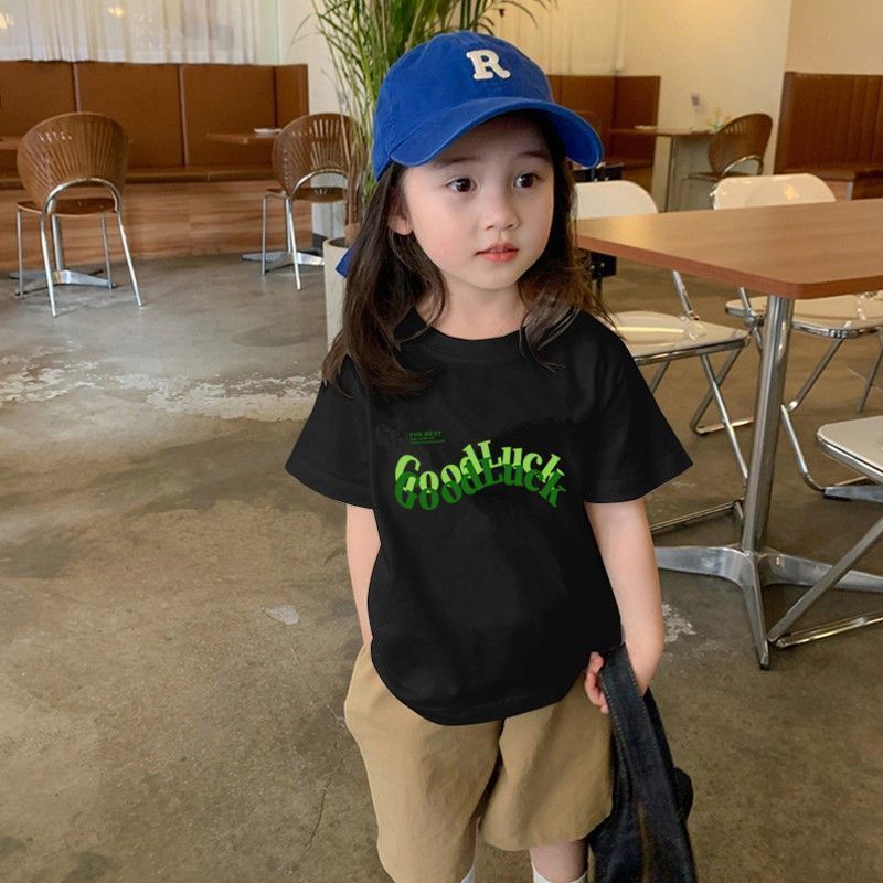 2023 summer new children's clothing unisex letter printing T-shirt cute small and medium-sized big children all-match foreign style tops