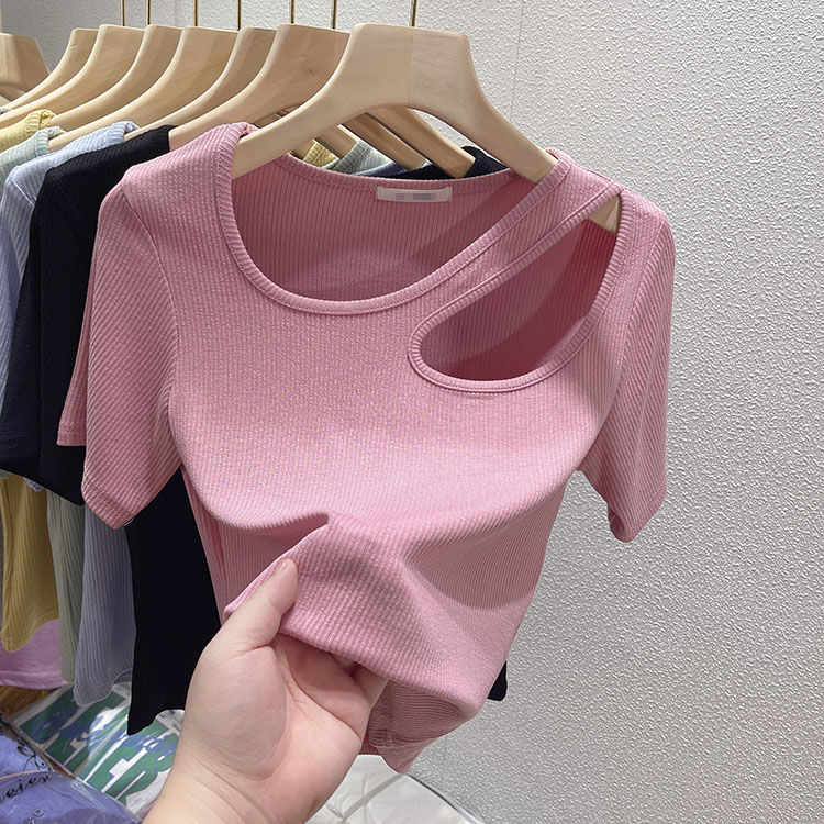European pink short-sleeved t-shirt women's  summer new design sense hollow chic top foreign style small shirt