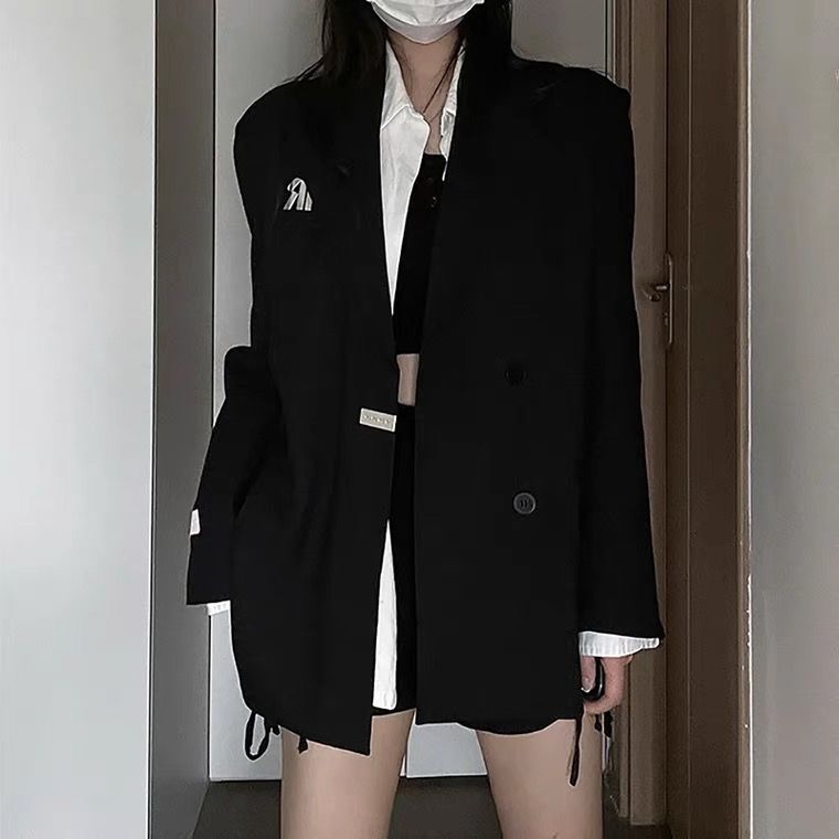 High-end design black suit jacket for women 2023 spring new niche silhouette mid-length ins suit