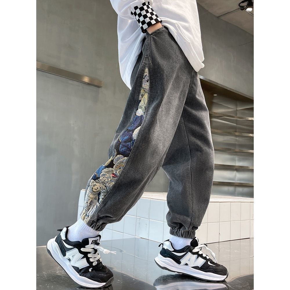 Boys' spliced ​​leggings trousers spring new medium and large children's gray bear casual trousers children's handsome and versatile sweatpants