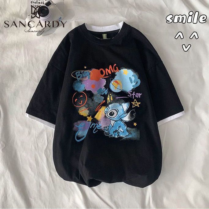 Sanji Cardin summer graffiti short-sleeved T-shirt men and women loose trendy students lazy wind fake two five-point sleeves ins