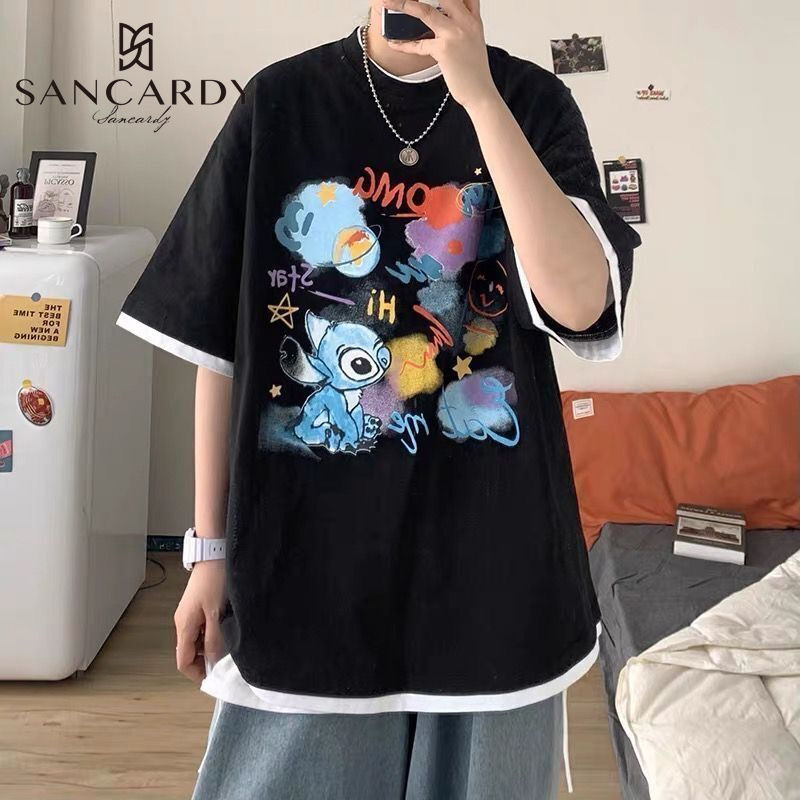 Sanji Cardin summer graffiti short-sleeved T-shirt men and women loose trendy students lazy wind fake two five-point sleeves ins