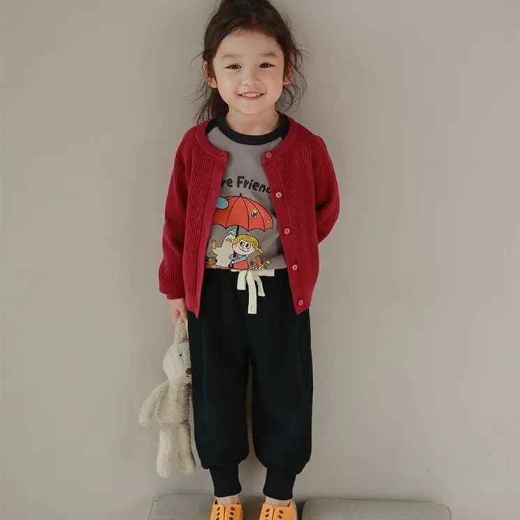  Spring New Boys and Girls Casual Pants Children's Lace-Up Solid Color Foot Pants Harem Pants Versatile Baby Trousers