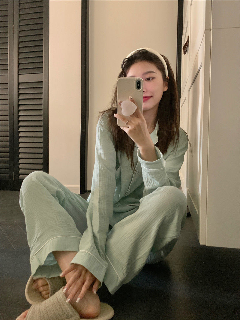 Women's pajamas spring and autumn long-sleeved loose thin section comfortable baby cotton feeling ins style simple solid color home service suit