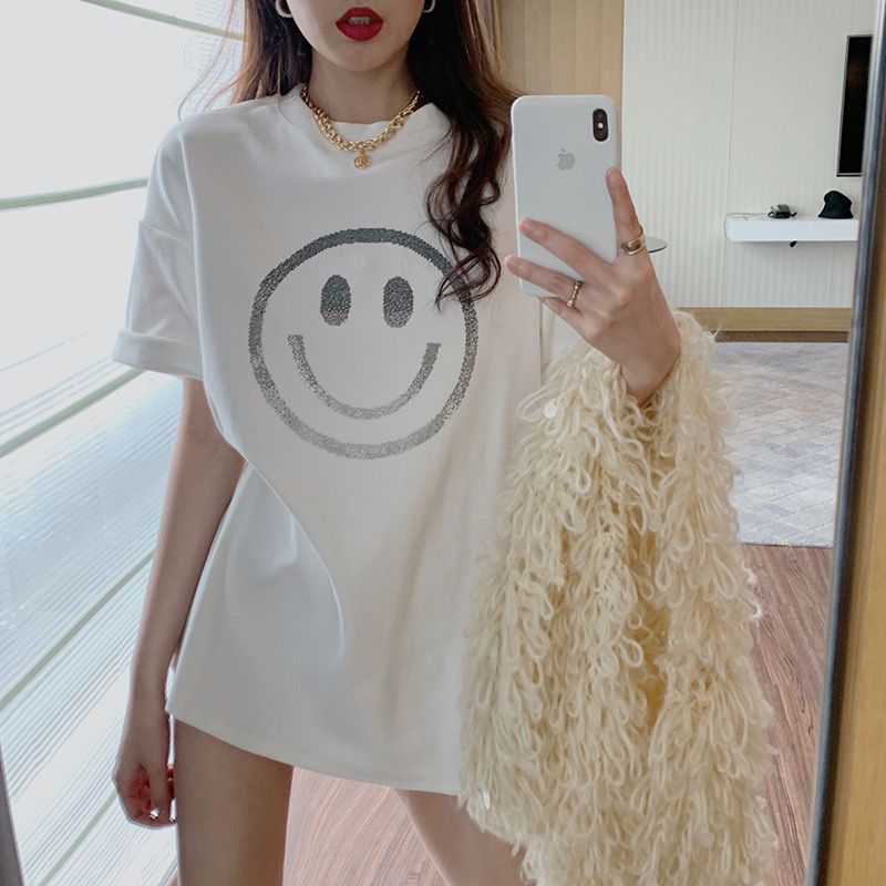Smiley face printing loose short-sleeved T-shirt women  spring and summer new casual bottoming shirt women's top t-shirt