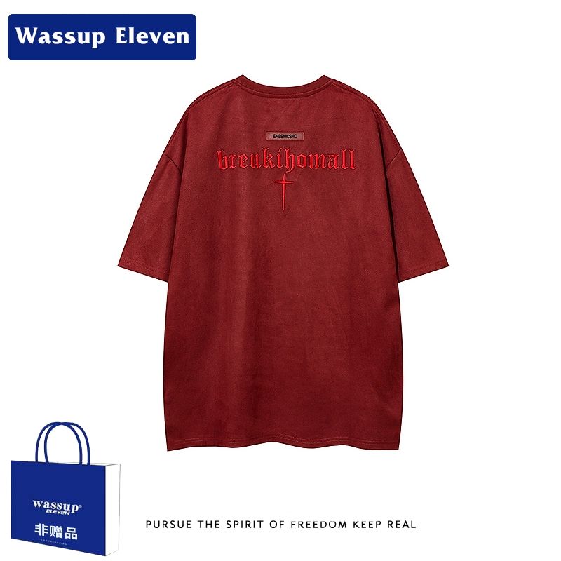 WASSUP歐美嘻哈刺繡麂皮絨短袖T恤男女潮牌寬鬆情侶休閒百搭體恤