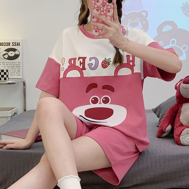 睡衣女夏天純棉短袖短褲兩件套裝韓版學生可愛卡通寬鬆家居服薄款