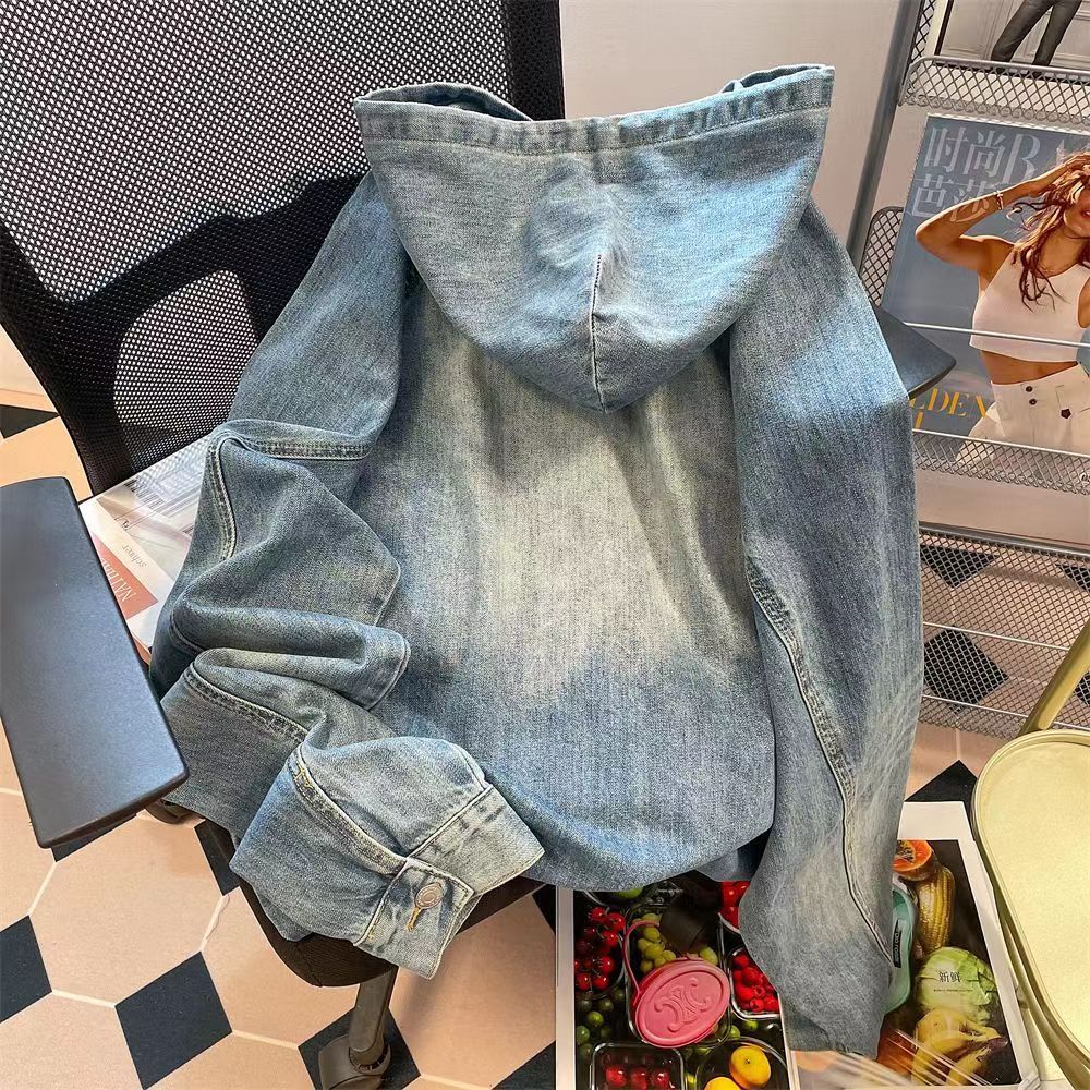 Large size 300 catties couple Hong Kong style hooded denim jacket fat MM loose Korean casual old denim sweater