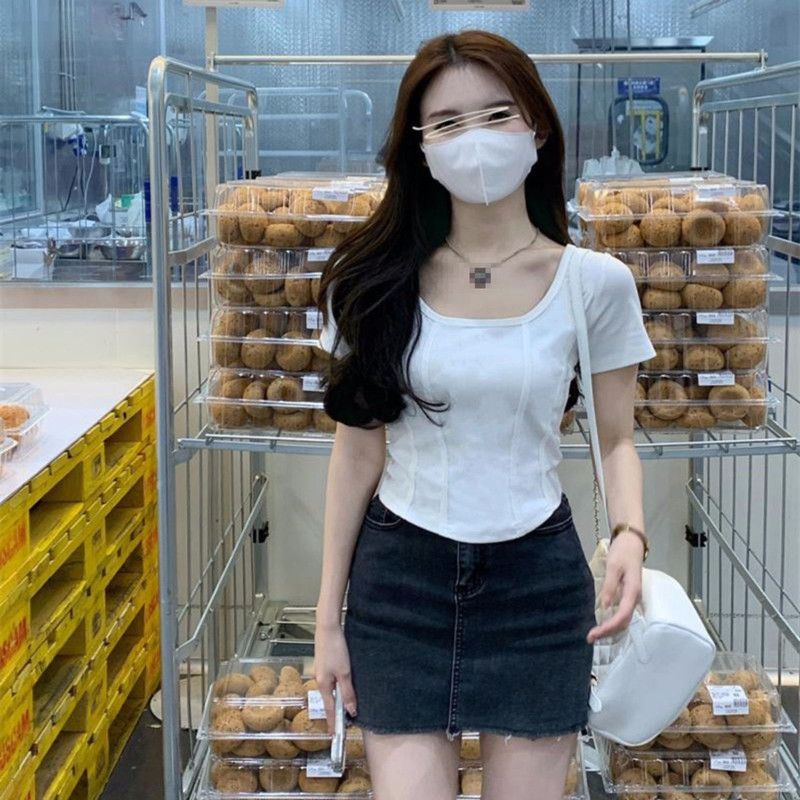 French short-sleeved fish bone inst shirt female summer pure desire sweet hot girl bm wind square collar short top design sense niche