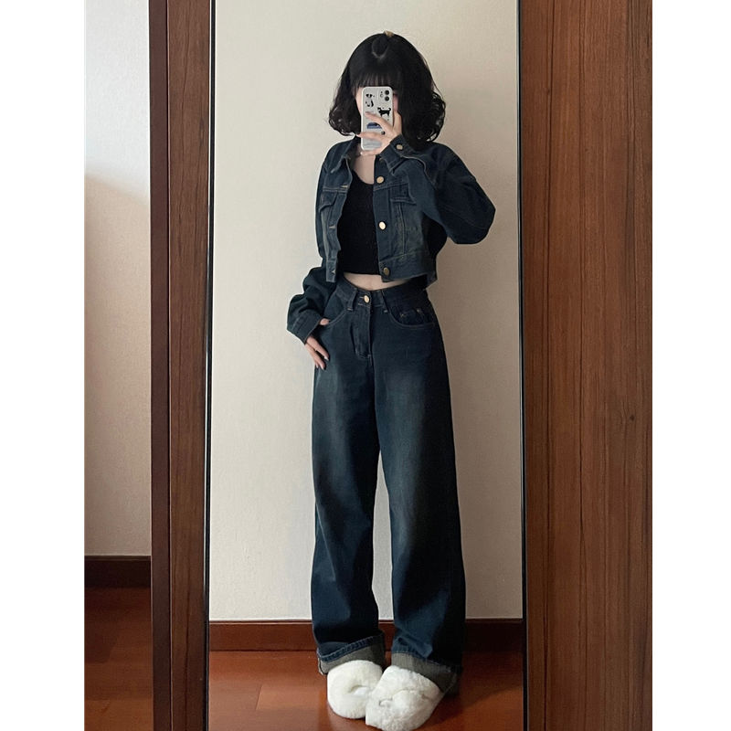 【兩件套裝】港風ins超酷短款牛仔外套女復古高腰寬鬆拖地闊腿褲