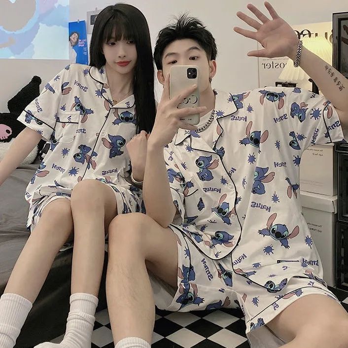 Summer new pajamas men's and women's short-sleeved cartoon students ins dormitory net red Stitch couple home service suit