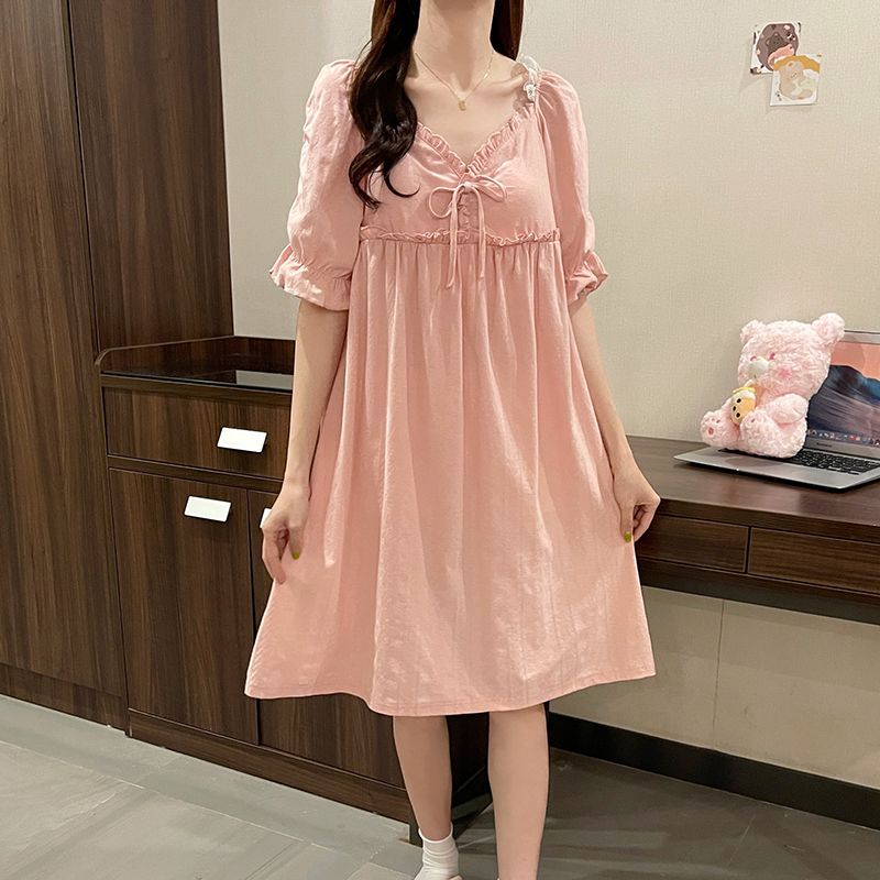 Women's nightdress summer short-sleeved cotton thin section with chest pad temperament princess style sweet girl mid-length home clothes