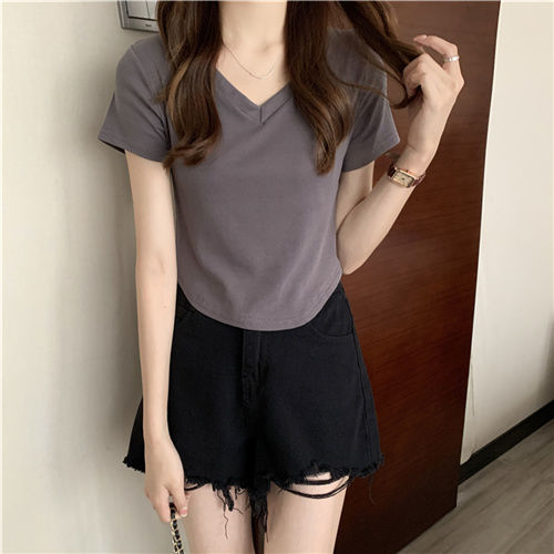 Short-sleeved inst-shirt women's niche summer front shoulder splicing gray slim-fit slim sweet hot girl foreign style v-neck top