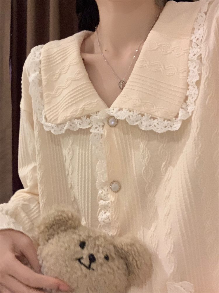 Ins style pajamas women's spring and autumn long-sleeved sweet doll collar court style lace lace cotton jacquard home service