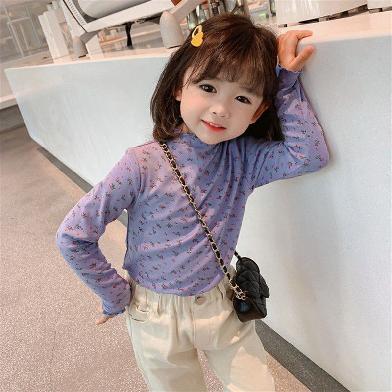 Girls autumn clothing 2023 new children's long-sleeved T-shirt spring and autumn half turtleneck floral bottoming shirt baby fashionable top