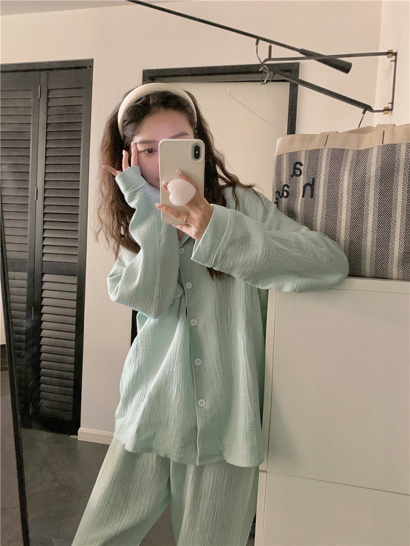 Women's pajamas spring and autumn long-sleeved loose thin section comfortable baby cotton feeling ins style simple solid color home service suit
