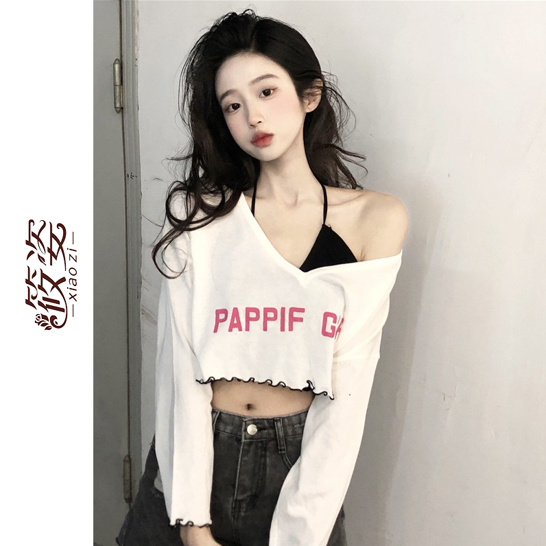 筱姿純欲辣妹長袖防曬T恤女2023新款小心機露肩V領木耳邊短款罩衫