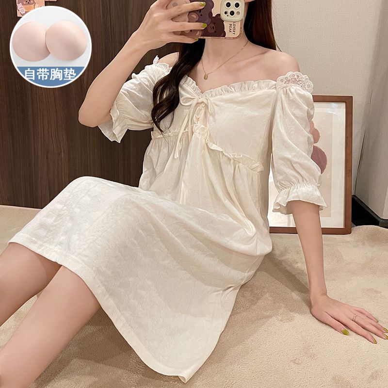 Women's nightdress summer short-sleeved cotton thin section with chest pad temperament princess style sweet girl mid-length home clothes