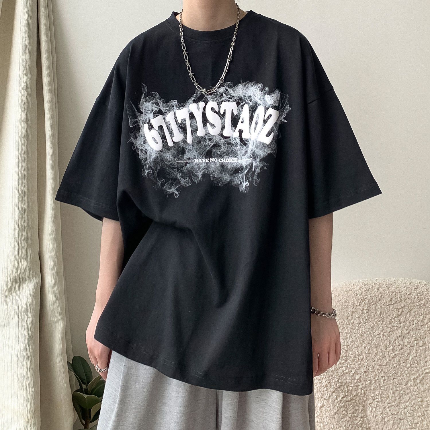 100%純棉夏季港風寬鬆短袖t恤男生ins潮流字母印花青少年體恤男女