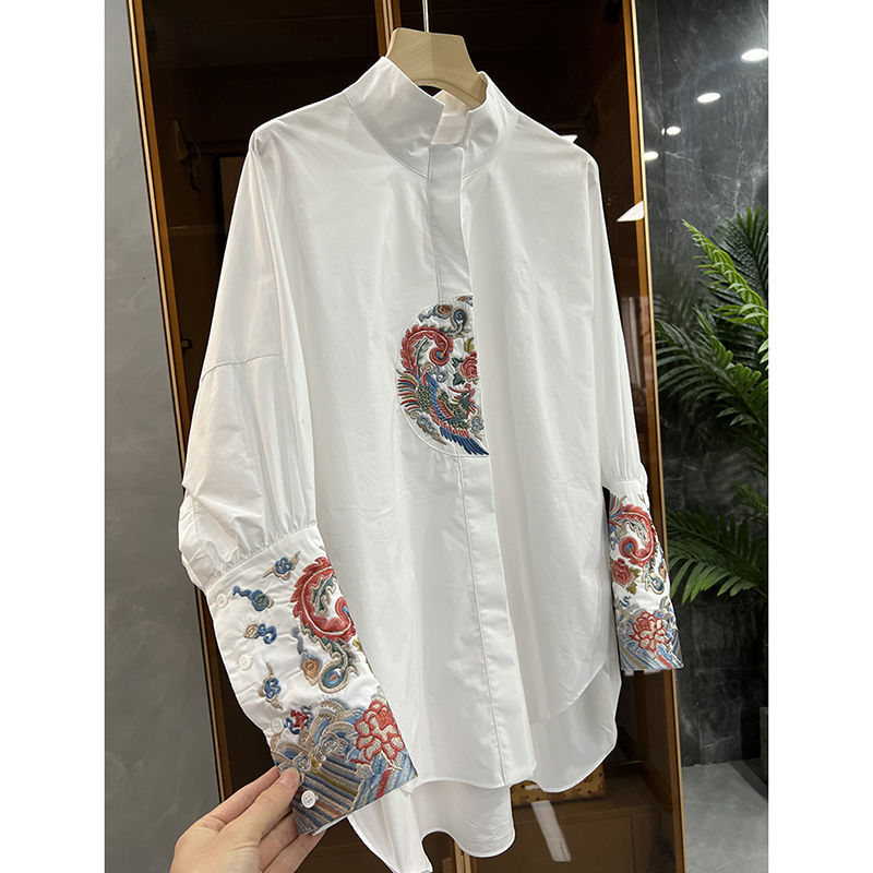 重工中式花紋!2023新款寬鬆不規則下擺裙襯衫連衣裙女民族風女裝