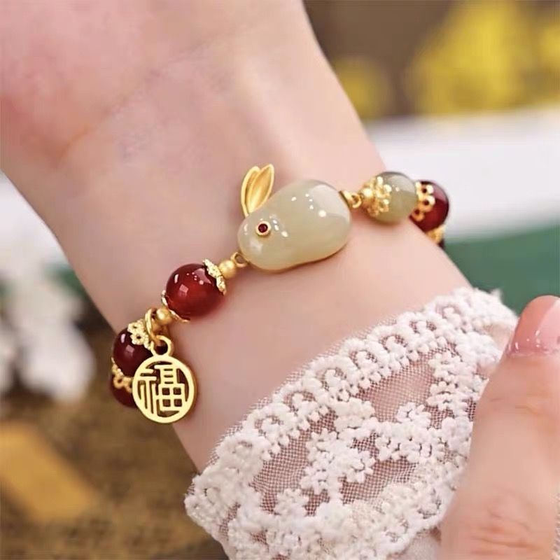 [Buy one get one free] New Chinese Jade Rabbit Bracelet Women's Ins High-value Student Bracelets Antique Girlfriend Gift