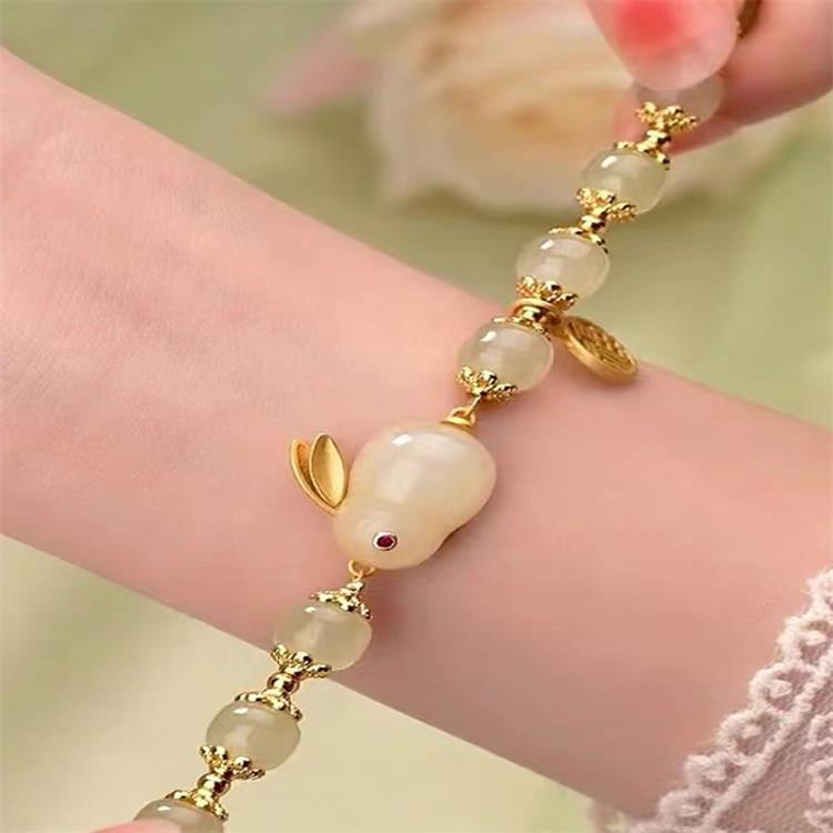 [Buy one get one free] New Chinese Jade Rabbit Bracelet Women's Ins High-value Student Bracelets Antique Girlfriend Gift