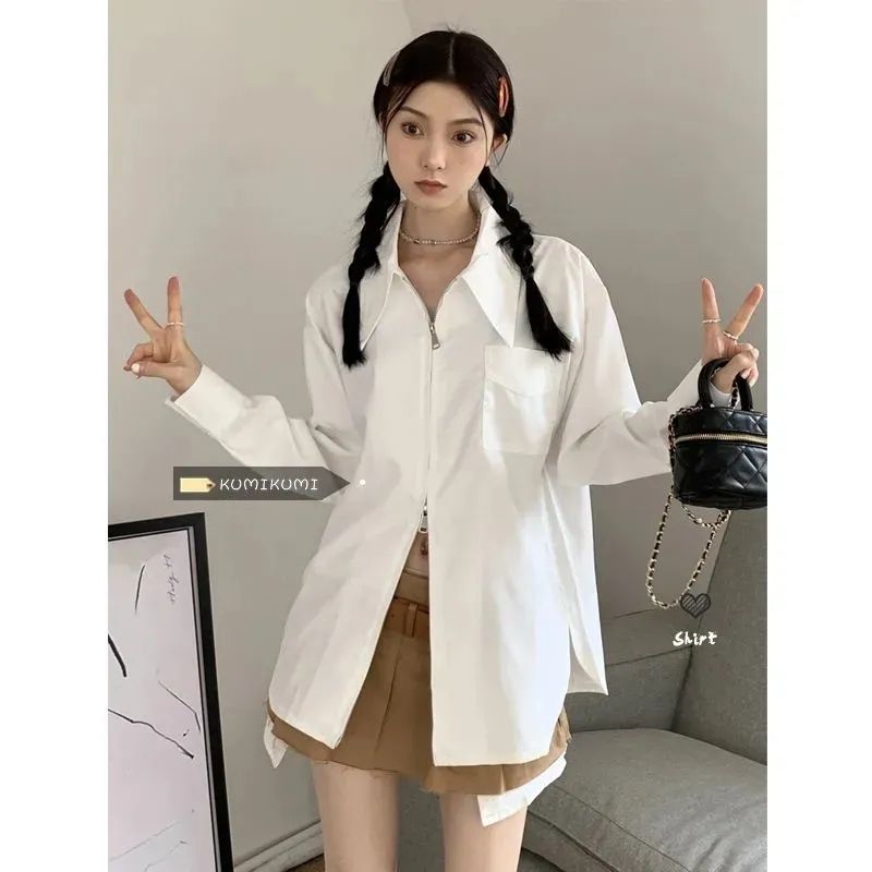 法式白色拉鏈長袖襯衣女春裝設計感小眾寬鬆顯瘦襯衣獨特别致上衣