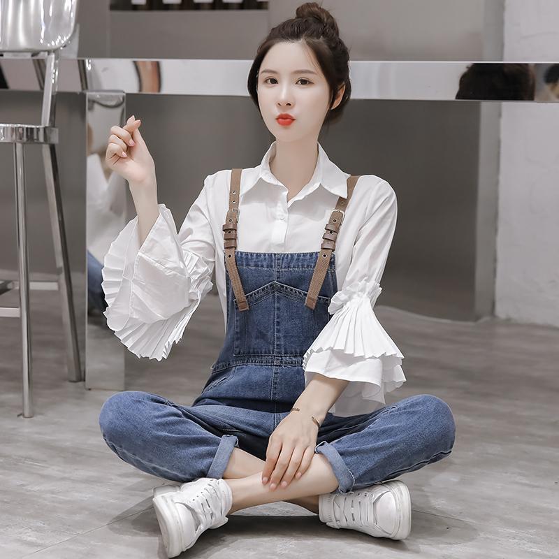 新款流行春秋韓版寬鬆小個子網紅牛仔背帶褲女洋氣百搭減齡工裝褲