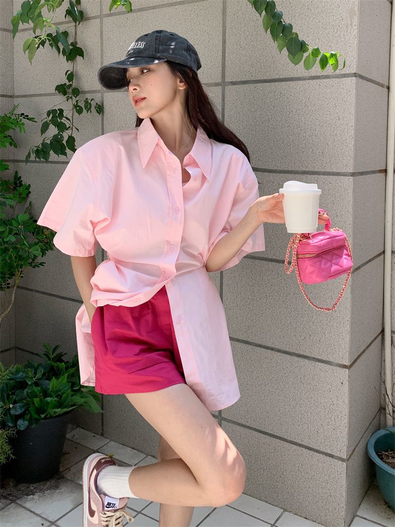 Korean style casual suit female pink polo collar shirt jacket female summer high waist thin wide leg shorts two-piece set