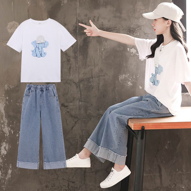 女童夏季套裝2023新款兒童洋氣短袖大童牛仔闊腿褲兩件套12歲夏裝