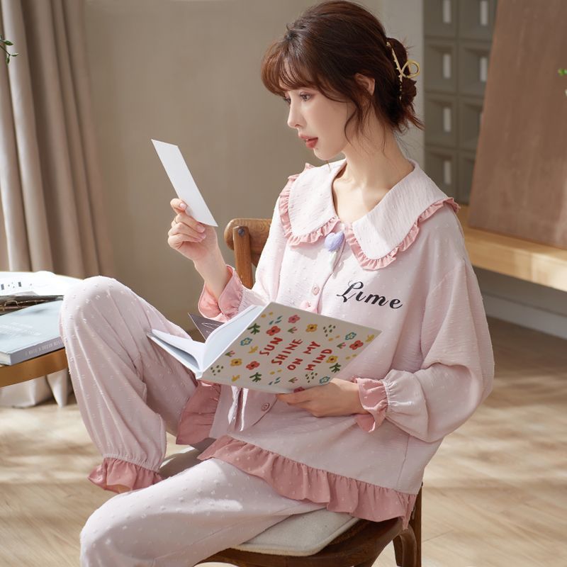 新款純棉睡衣女士春秋季長袖大碼高檔月子服套裝冬天可外穿家居服