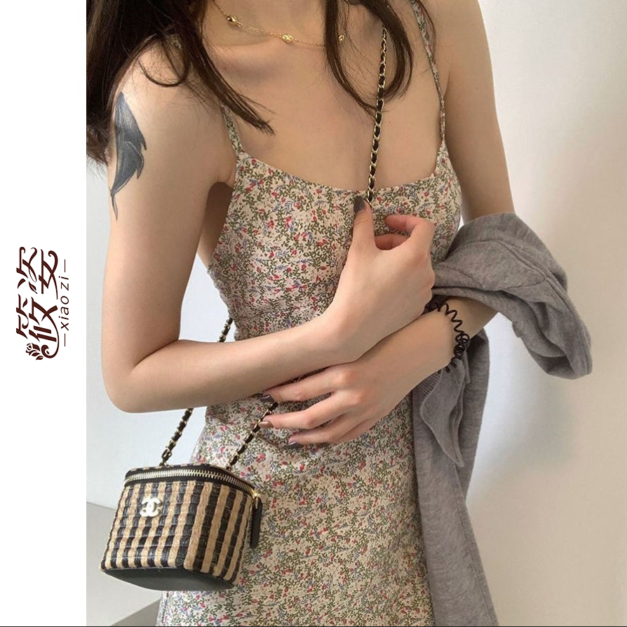 Xiaozi Floral Dress Sleeveless Suspender Dress  New Vintage Backless Slim Dress ins