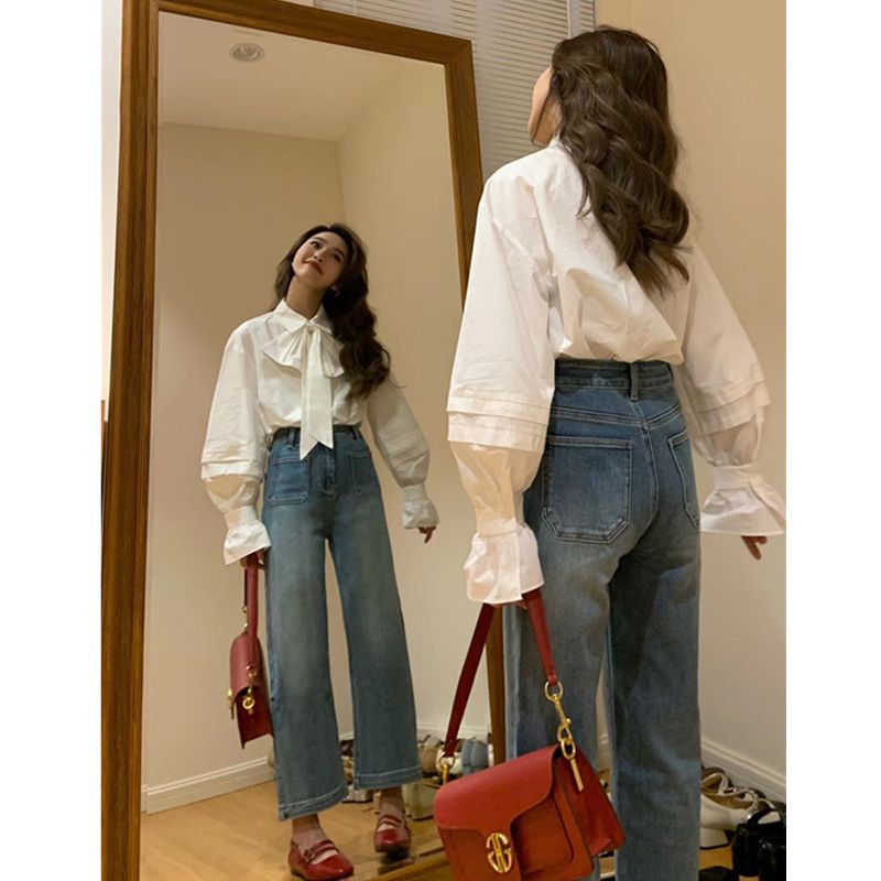 Retro all-match loose design front patch pocket spring new cropped wide-leg straight tube slim cigarette jeans women